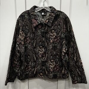 First Option Floral Tapestry Jacket Black Cotton Blend Size S Vintage